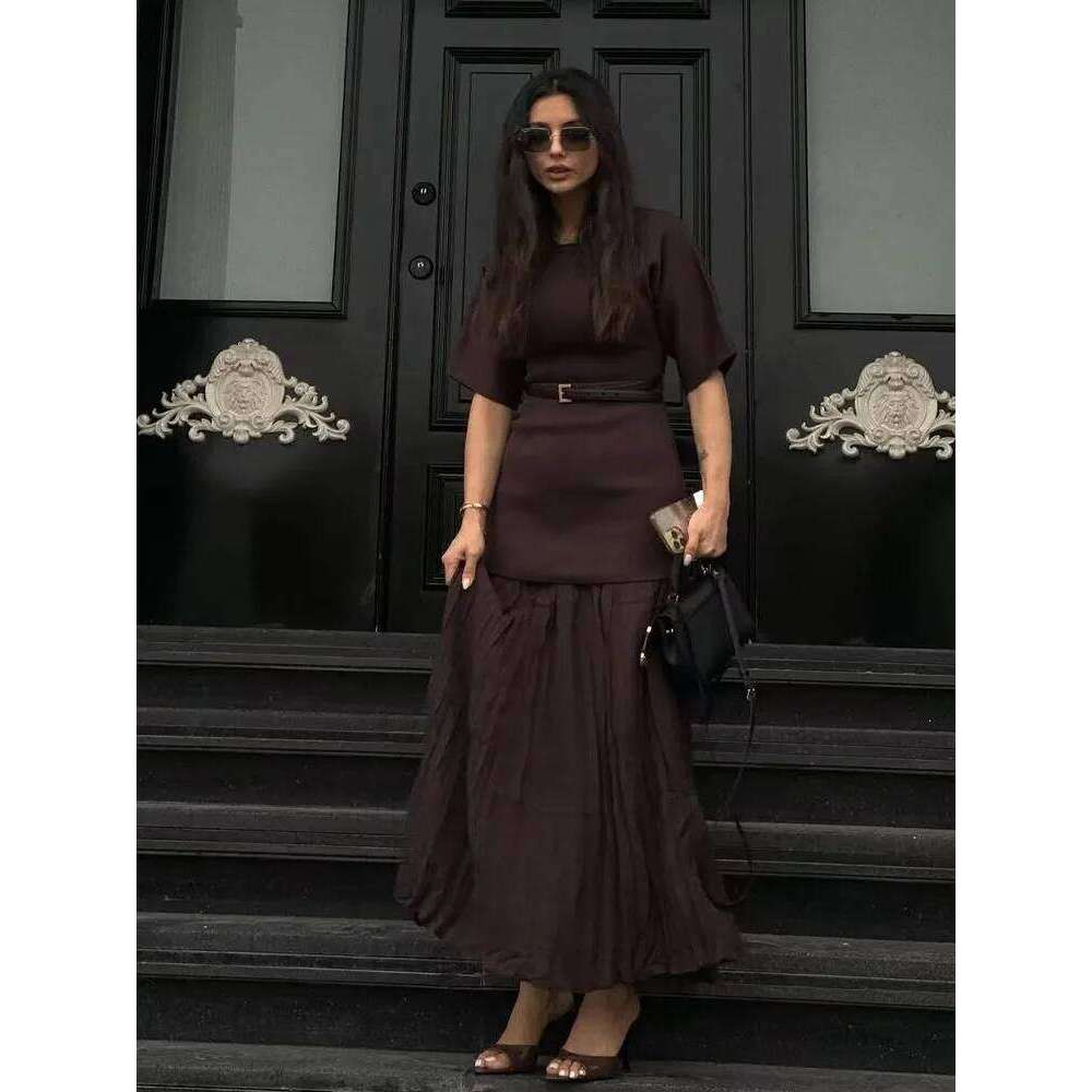 Women Elegant Half Sleeves O-Collar Pleated Spring Woman Rear Zipper Splicing Vintage Casual Knitted Long Dress