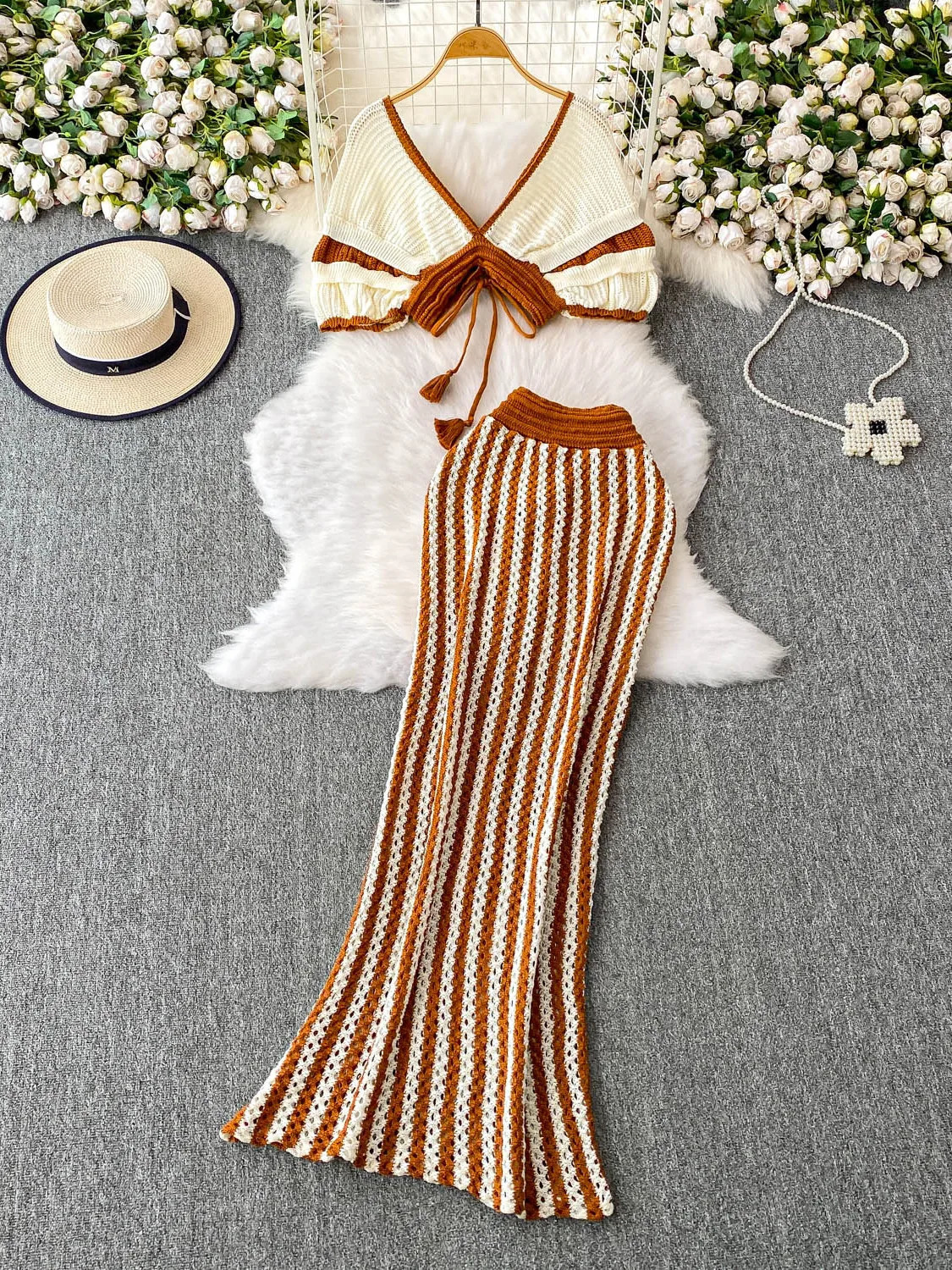 Summer Women Deep Vneck Short Sleeve Knitted Tops High Waist Lace Up Striped Long Wrap Skirt Twopiece Set 250729