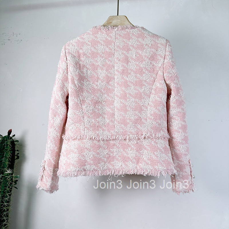 Early Autumn and Winter New Fashionable French Style Pink Thousand Bird Plaid Fleece Thick Tweed Tassel Fleece Coat Small Fragrant Girl
