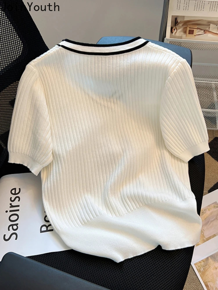 Vneck Short Sleeve Knitted Woman Tshirts 2025 Ropa Mujer Single Breasted Tunic Summer Tees Casual Fashion Korean White T Shirt 250724