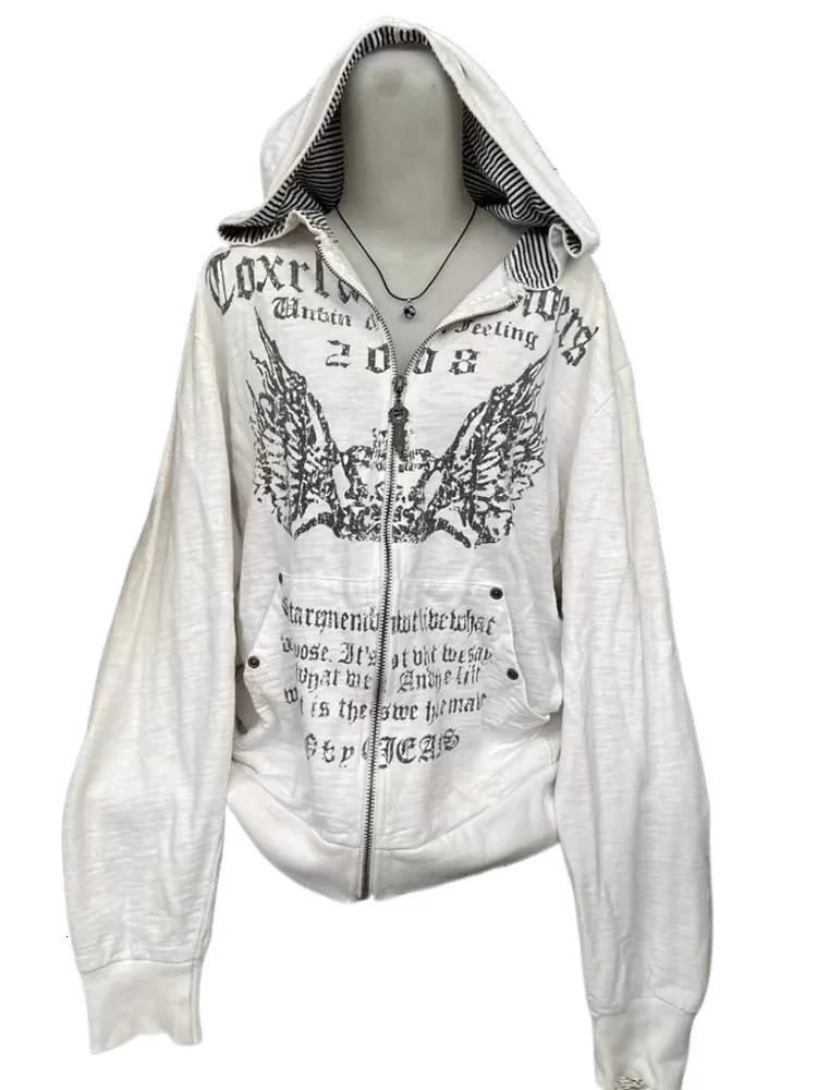 American Retro Printed Zipper Sweatshirt Womens Y2K Harajuku Hip Hop Goth Casual Joker Long Sleeve Hoodie Streetwear 250729