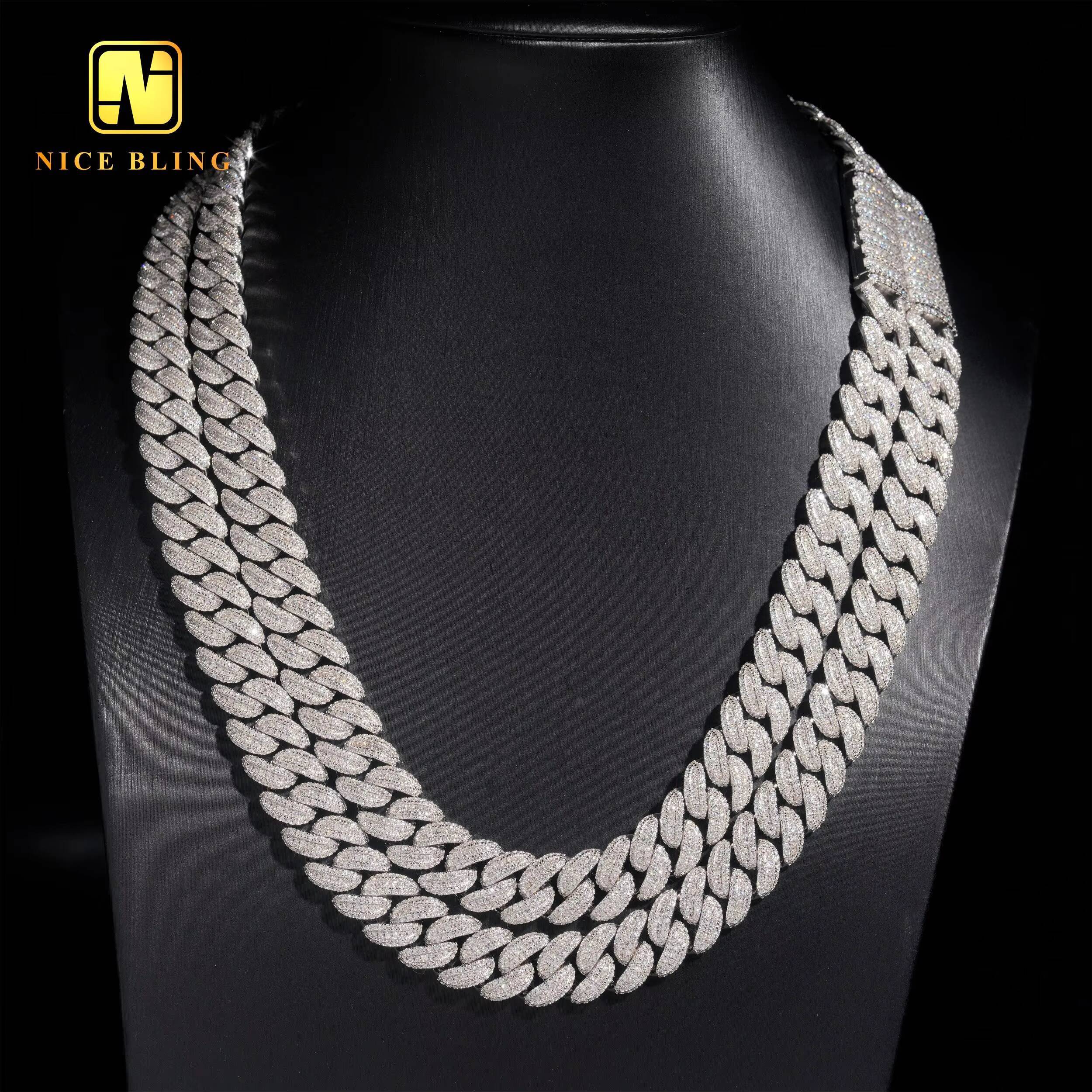 Round Moissanite Cuban Link Chain 13MM Baguette Diamond Cuban Necklace 925 Silver Hip Hop Iced Out Cuban Chains