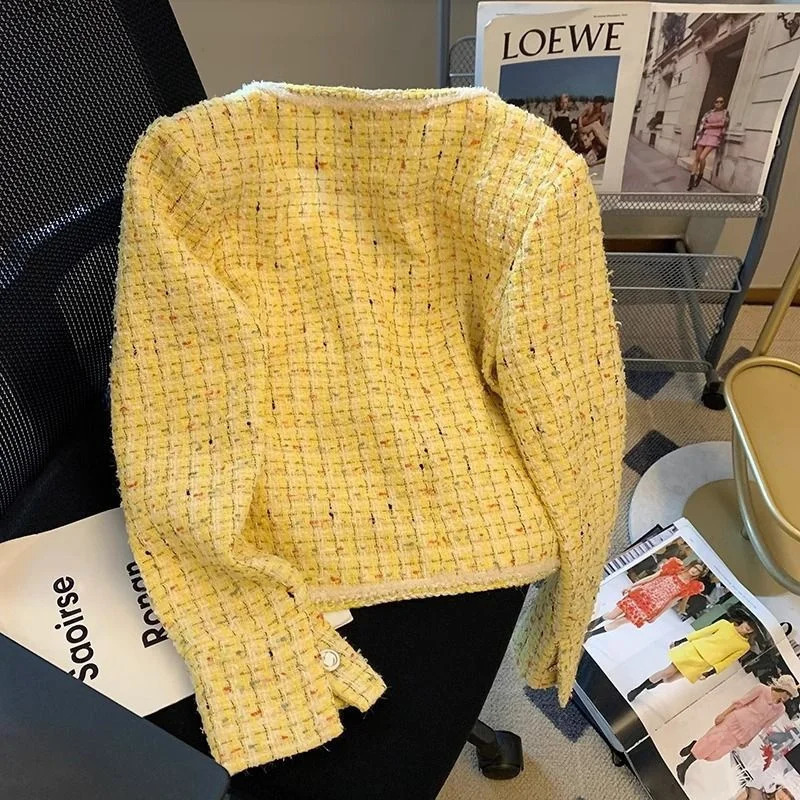Women Jacket Spring Autumn Yellow Tweed Small Fragrance Coat Short Korean Fashion Temperament Grace Female Outerwear 250729