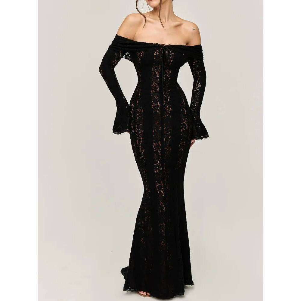 Designer Clothing 2025 Sexy Women Hollow Out Slash Neck Lace Flared Sleeve Long Dress Elegant Laced Up Slim Fit Robes New Lady Evening Party Vestidos