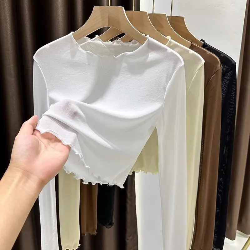 1pcs Spring Autumn Sexy Women TShirt See Through Transparent Mesh Lace Tops Long Sleeve Sheer Slim Ladies RoundNeck TShirt 250729