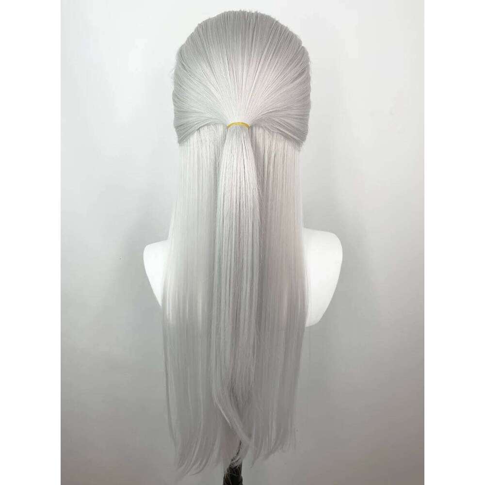 Sier Grey Human Synthetic Lace Front For Women Elf Cosplay 26 Inch Long Straight Glueless Wigs Free Part