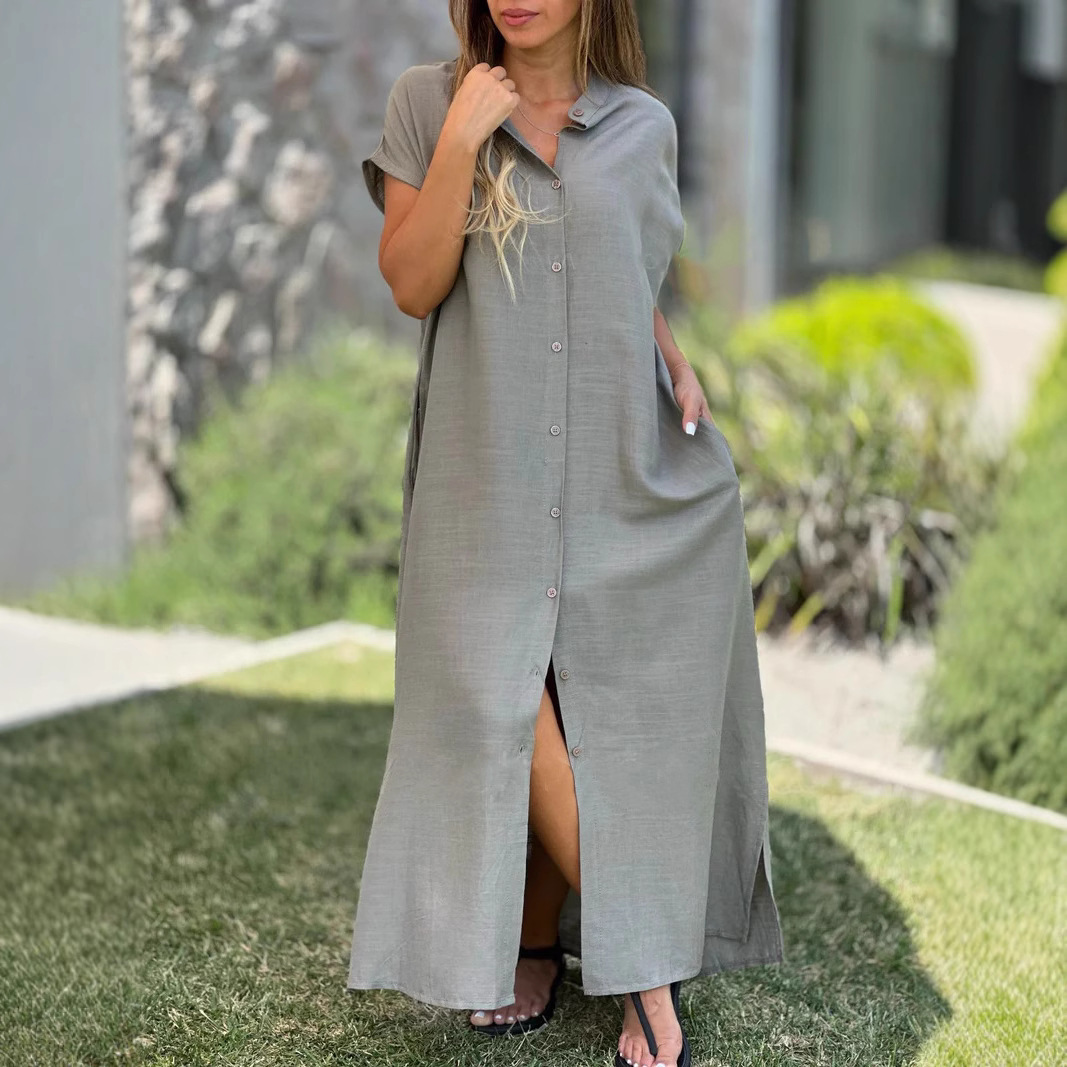 M728Women's solid color cotton and linen long skirt fashionable casual short-sleeved cardigan dress