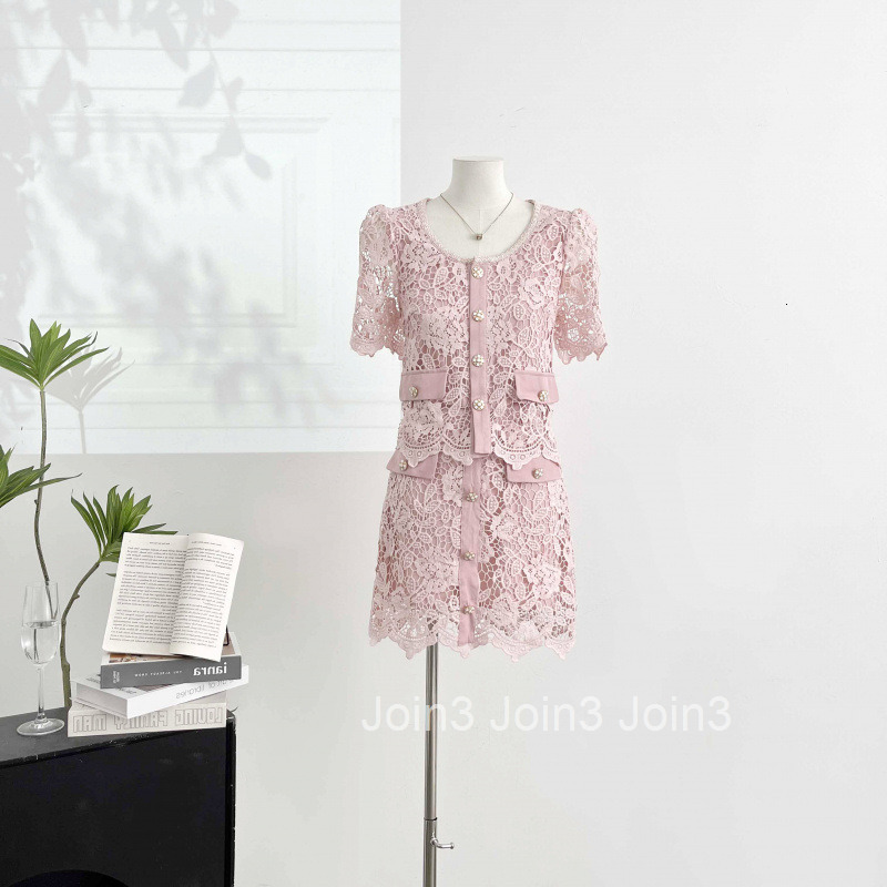 Summer New Fashionable Socialite Design Two-Piece Set Slimming Lace Hollow Short Sleeve Top + Short Skirt Set for Women