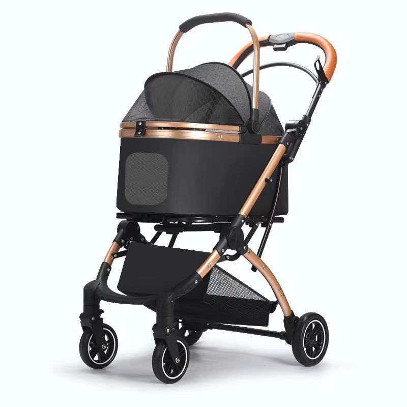 Pet stroller foldable lightweight cat and dog stroller with detachable straps, no zipper, 180 ° double-sided sunshade, all terrain 4-wheel
