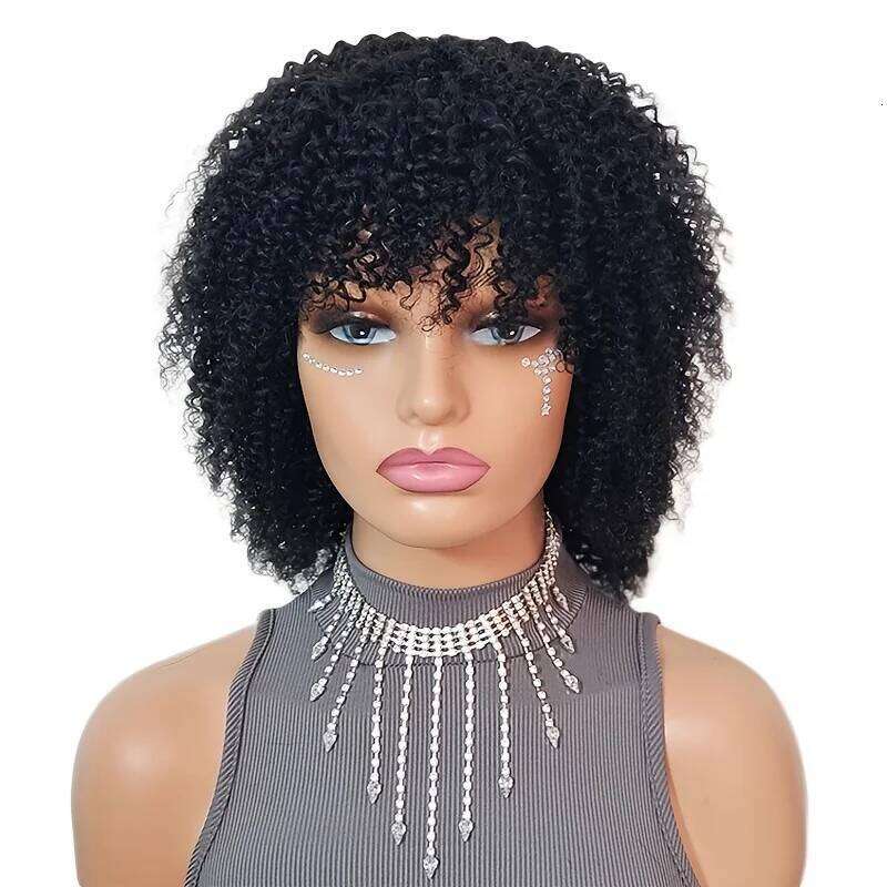 4A Afro Kinky Wigs With Bangs Short Curly Human Hair for Black Women 180% Density Full hine Made Wig