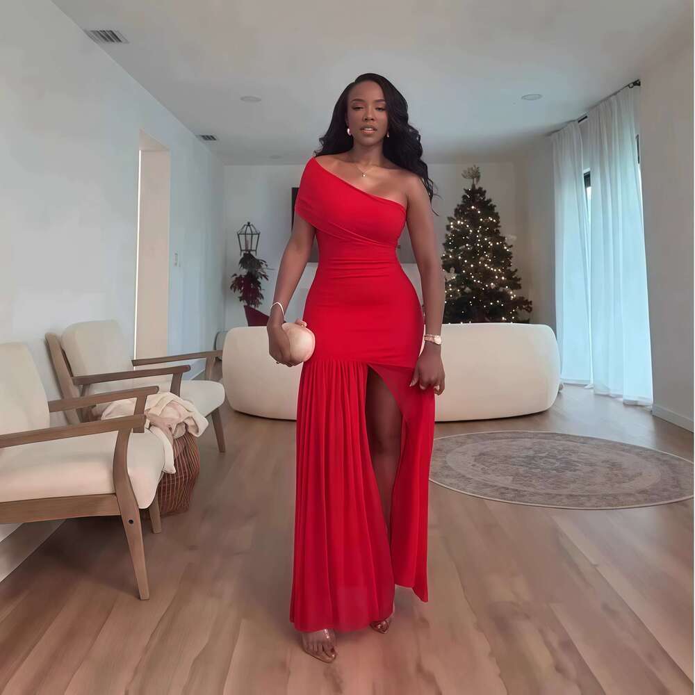 2025 Spring New Solid Color Sleeveless Asymmetrical Neck Ruched Slim Fit Split Long Dress for Women