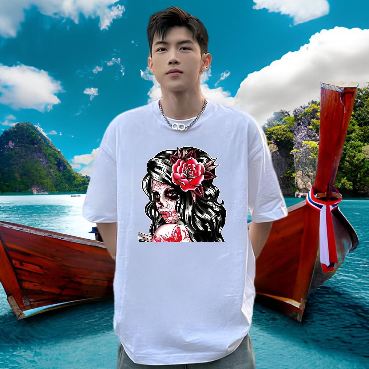 Day of the Dead Pattern Printed Designer T-shirts for Male Summer Short-sleeved O-neck 100% Cotton Black White Oversized Tops