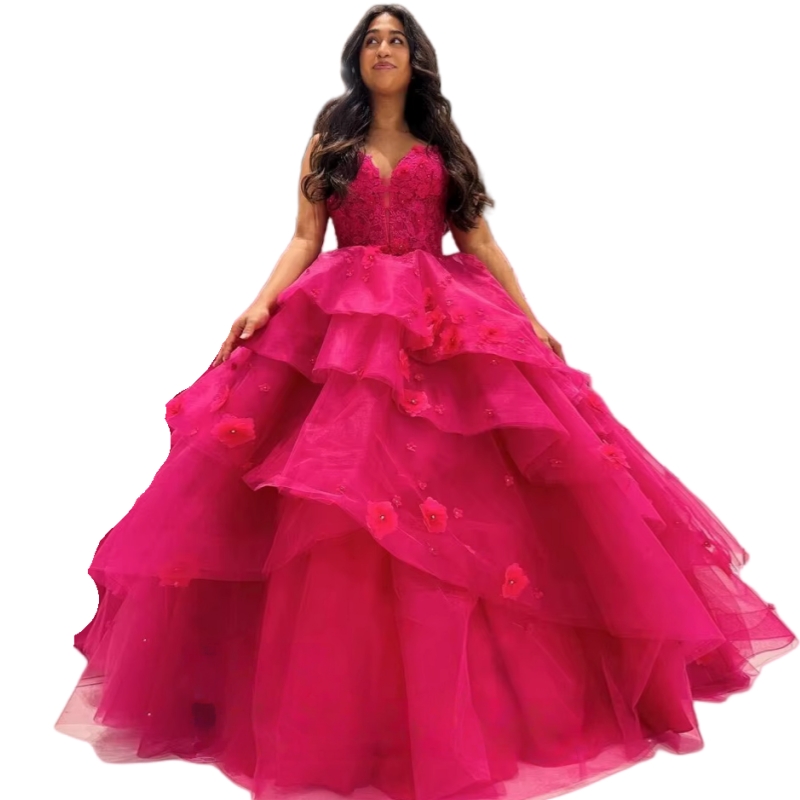 Fuchsia Lace Ball Gown Prom Dresses Tiers Floor Length Evening Gown Floral Applique & Ruffled Tulle for Pageant Parties