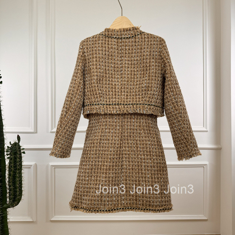Winter New Womens French Style Tweed Two-Piece Set Slim Fit Camisole Dress Short Coat Set