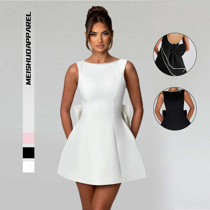 Cross-Border Summer Women's Pearl Bow Fashion Slim Short Backless Hot Girl A-Line Dress