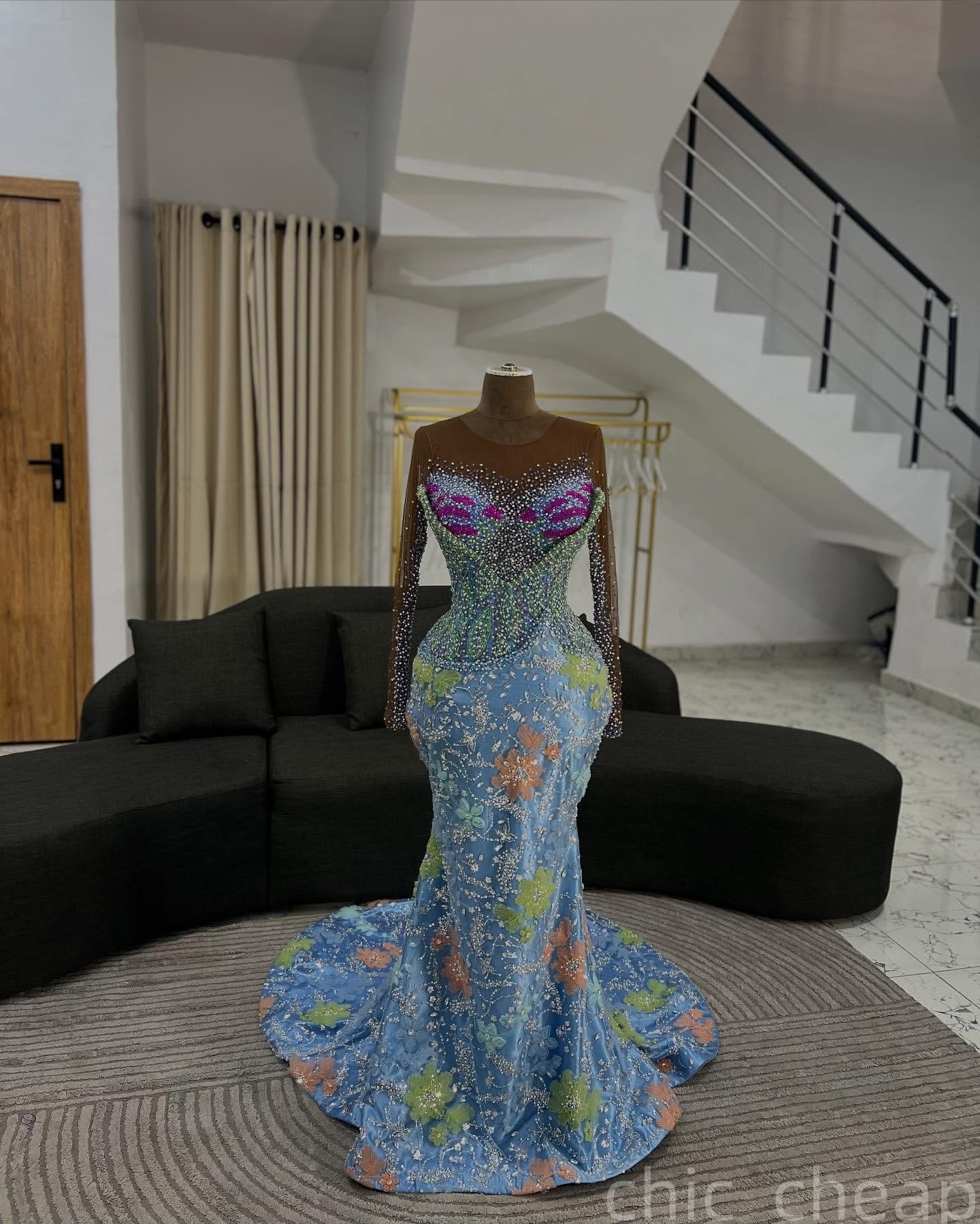 Mermaid Sky Blue Prom Dresses 2025 Crystals Beaded 3D Floral Lace Evening Formal Party Second Birthday Engagement Gowns Plus Size Dress For Special Oc