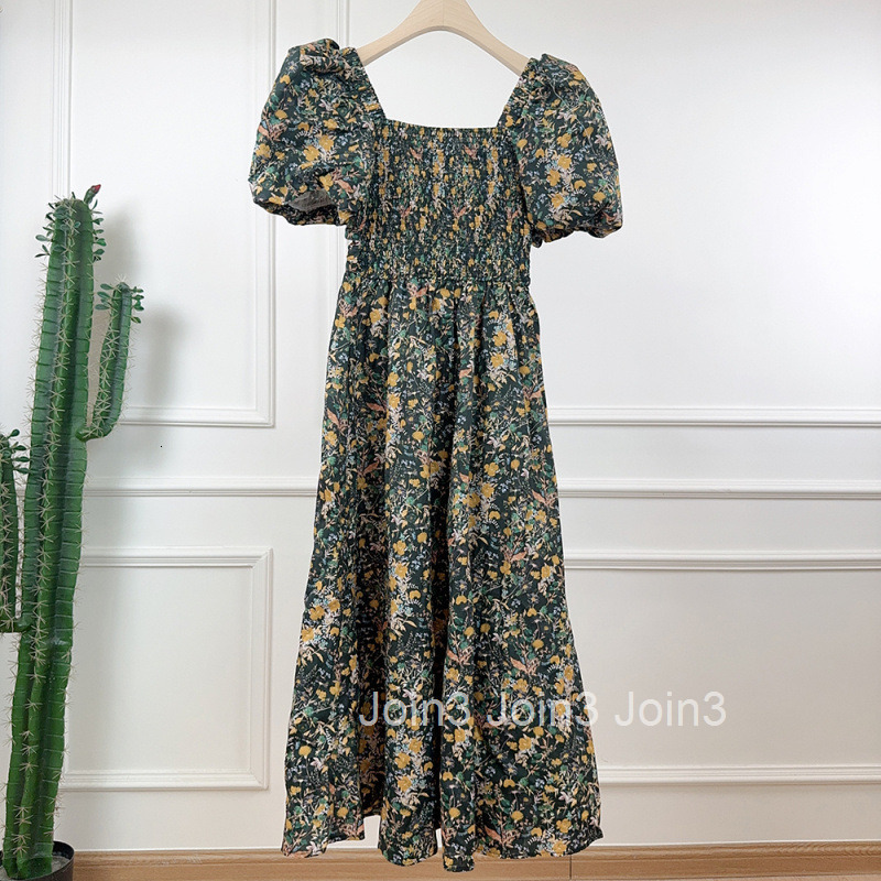 2025 Summer New Floral Large Collar Puff Short Sleeve Waist High Waist Dress Lightweight Stretchy Mid-Length Dress for Women