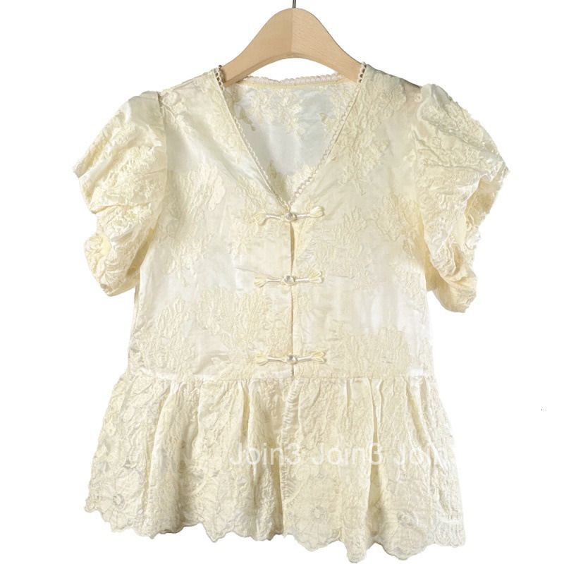 Summer New Style New Chinese Style High-end V-neck Puff Short Sleeve Shirt Womens Top Button Jacquard Blouse Women