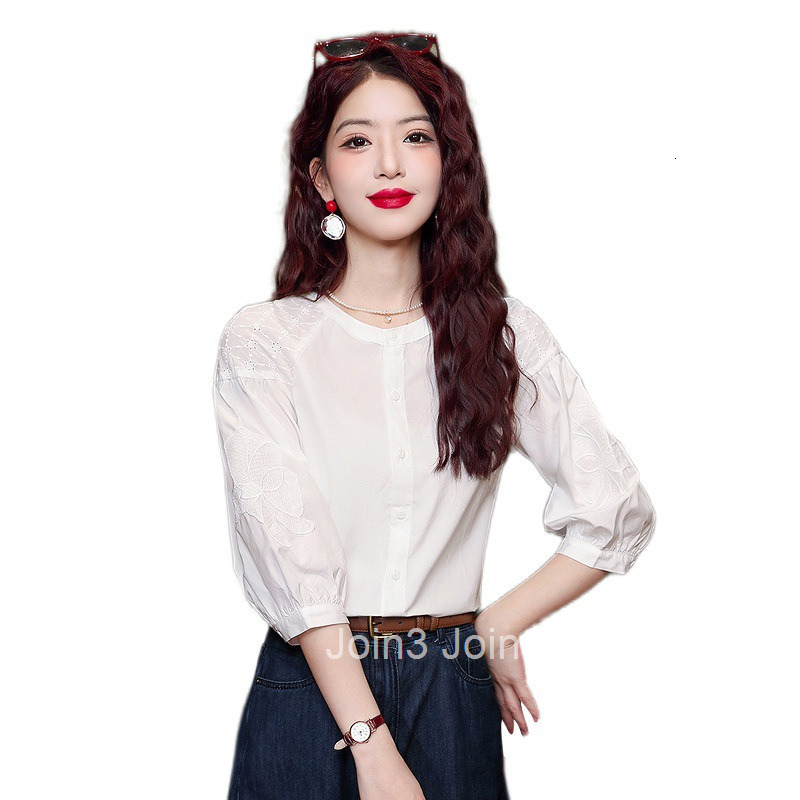 Autumn Summer New White Tencel Shirt Women Fashion French Style Three-Quarter Sleeve Blouse Top Women