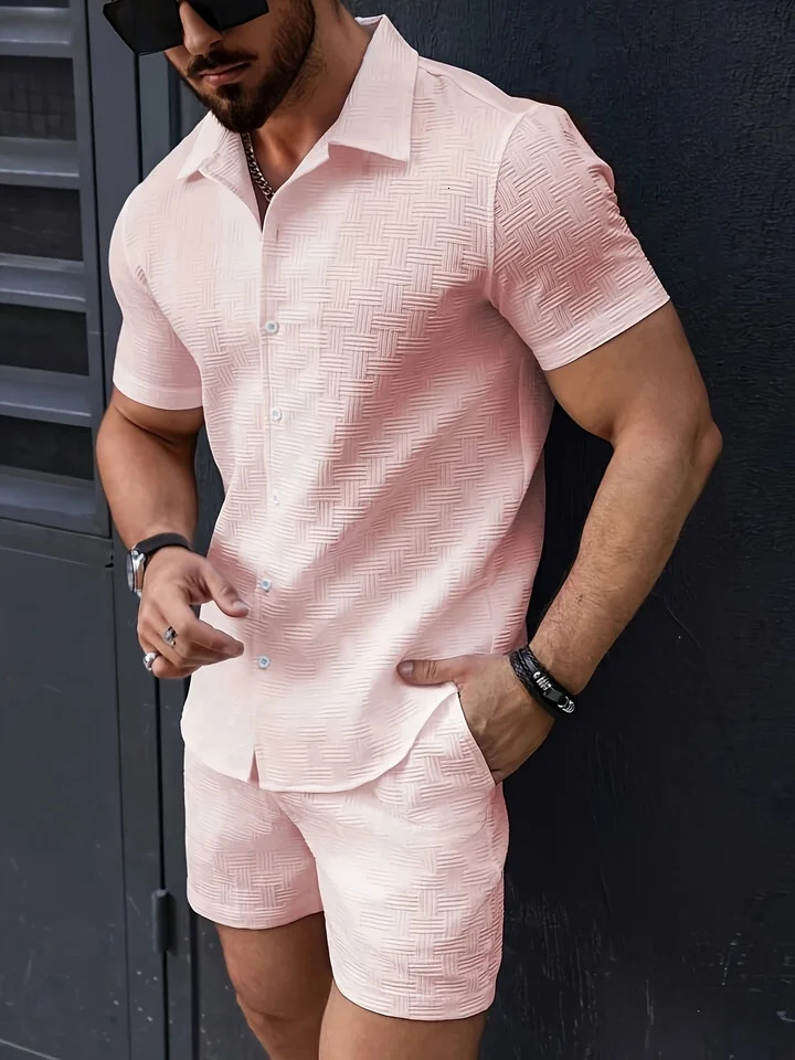 Mens Solid Color Summer Lapel Jacquard Striped ButtonDown Shirt Fashion Casual Short Sleeve Shorts Beach Suit 250729