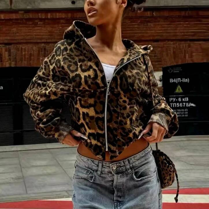New Street Clothes Retro Leopard Print Y2k Womens Long Sleeve Zipper Cardigan Punk Short Hoodie Casual Sweatshirt
