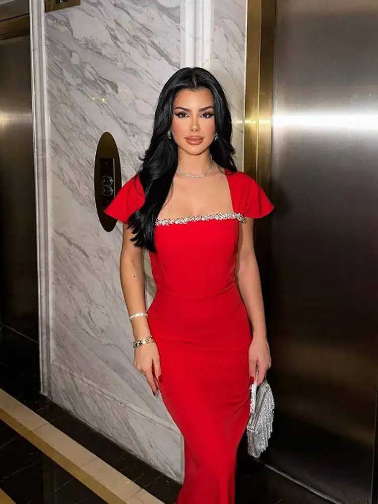 New Womens Short SLeeve Square Neck Bandage Dress Floor Length Bodycon Fashion Celebrity Party Maxi Dress Z250728