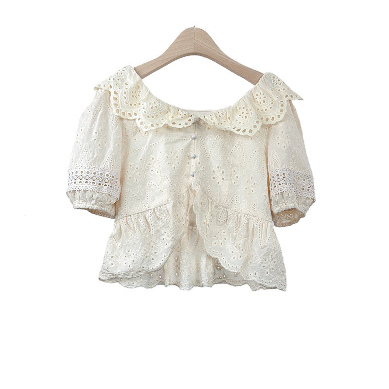 25 Summer New Style Little Fragrance Milk Short Sleeve Shirt Short Women Cream Series Lace Doll Collar Hollow Out Short Sleeve Top Women