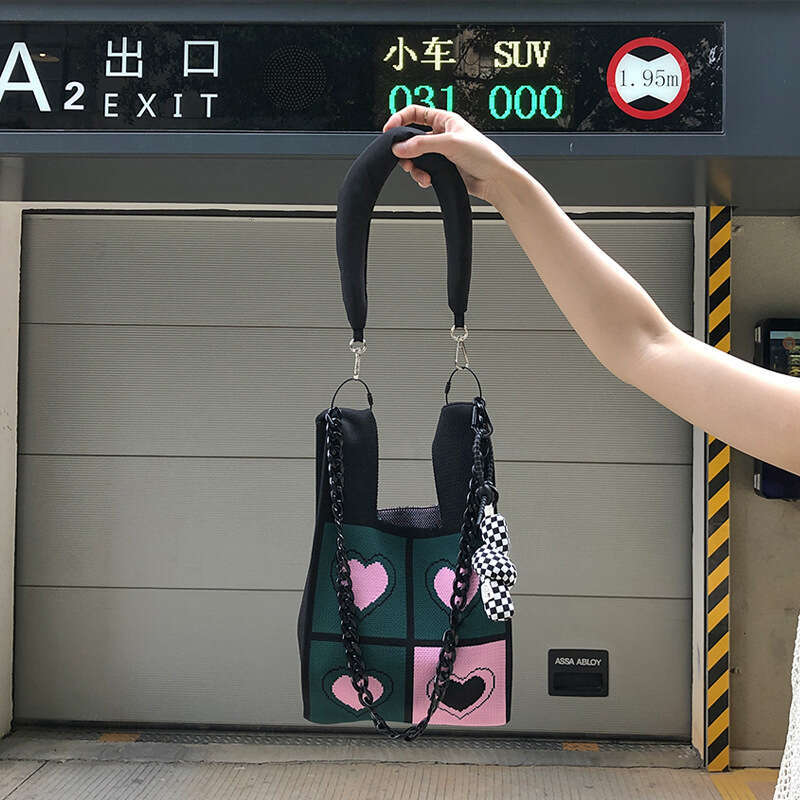 Designer Style Parent-Child Knitted Heart Black Rice Woven Tote Bag Single Shoulder Handbag for Women