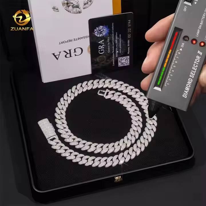 Hip Hop Style 13mm 925 Silver Moissanite Diamond Cuban Chain Iced Out Cuban Link Chain Pass Diamond Tester Moissanite Jewelry