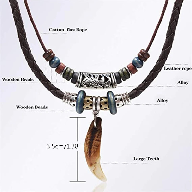 Vintage Tribal Style Boho Leather Necklace Hipppie Double Layered Braided Beaded Cross Pendant Dog Tooth Necklace Jewelry Gift 250729