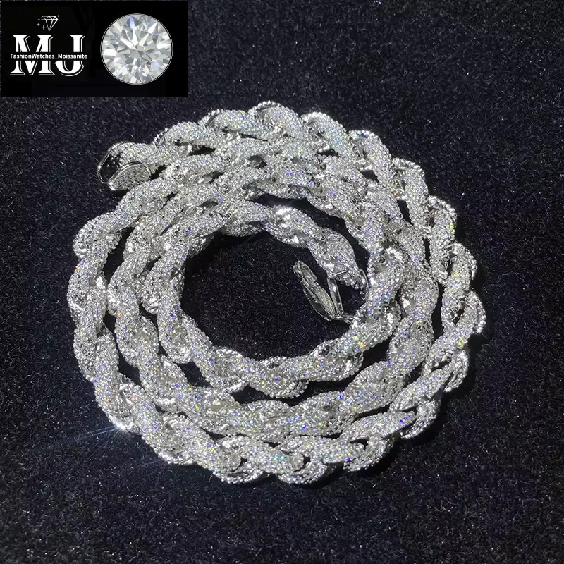 Fashion Jewelry Popular White Gold Plated Sier Iced Out 8mm VVS Moissanite Hip Hop Rope Chain Necklace For Men