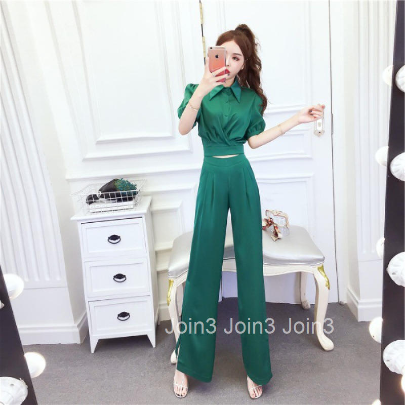 Summer Fashion Stylish Turn-Down Collar Single-Breasted Short Sleeve Top + Split Long Pants Two-Piece Set for Women