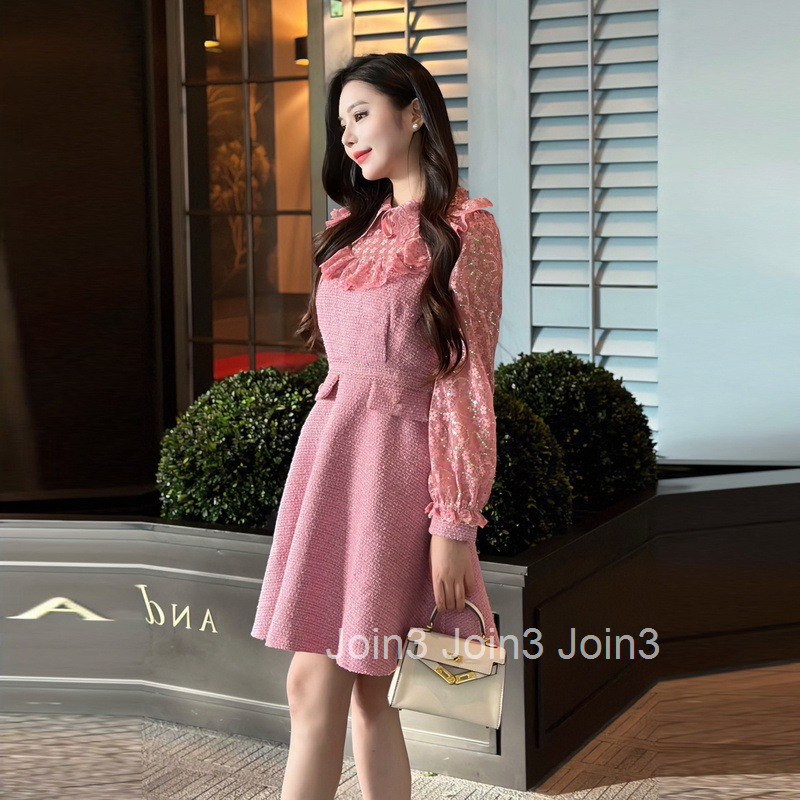 Plus Size Women Winter Spring New Luxury Heavy Beading Sweet Mid-Length Waist-Slimming Long Sleeve Base Dress
