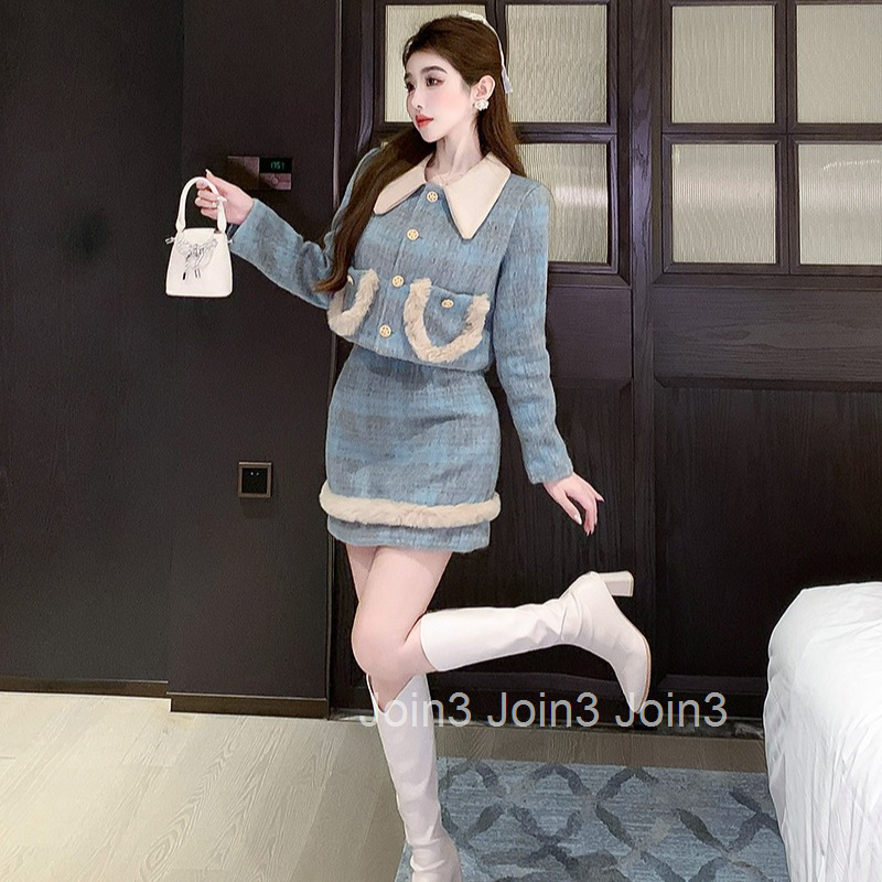 Winter New Fashion Small Fragrance Style Suit Quilted Elegant Turn-Down Collar Long Sleeve Jacket and Short Skirt Two-Piece Set