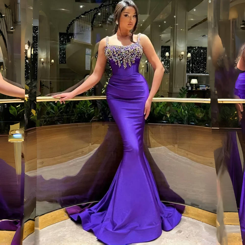 Crystals Beaded Royal Purple Prom Dresses Spaghetti Straps Satin Mermaid Evening Gown Sleeveless Long Chic Pageant Birthday Party Special Occasion Dre