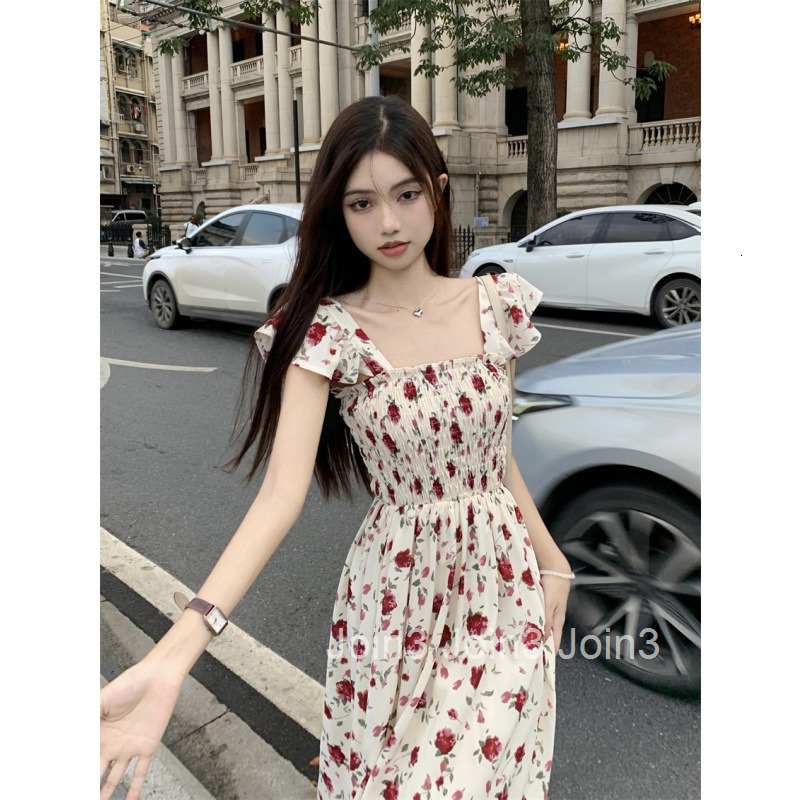 Summer New French Style Elegant Strap Long Dress Vacation Waist-Cinching Floral Print Small Flutter Sleeve Dress