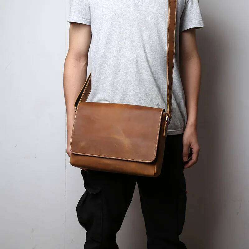 OLOEY Retro Mad Horse Men's Foreskin Layer Cowhide Single Shoulder Crossbody Leather Horizontal Handmade Messenger Bag