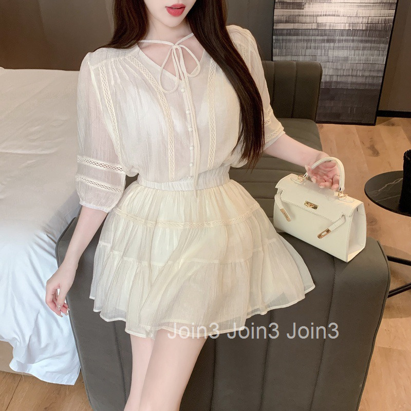 Summer New Elegant Short Sleeve Tie V-neck Shirt Top Mid-length + Elastic Waist Short Skirt Set for Women