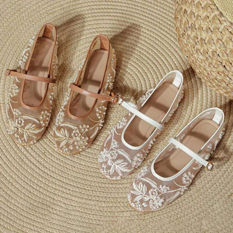 Embroidery String Bead Mesh Ballet Women Fashion White Pearl Mary Jane Shoes Light Summer Flats Elegant Cozy Flat Sandals