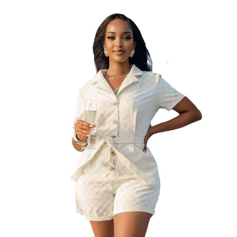 Women's New Fashion Casual Turn-Down Collar Tie Belt Elegant Summer Short-Sleeve Jumpsuit B5