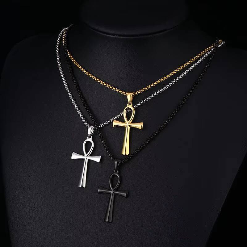 Fashion Jewelry Simple Ancient Egypt Cross Smooth Stainless Steel Gold Plated Pendant Necklaces Women Men