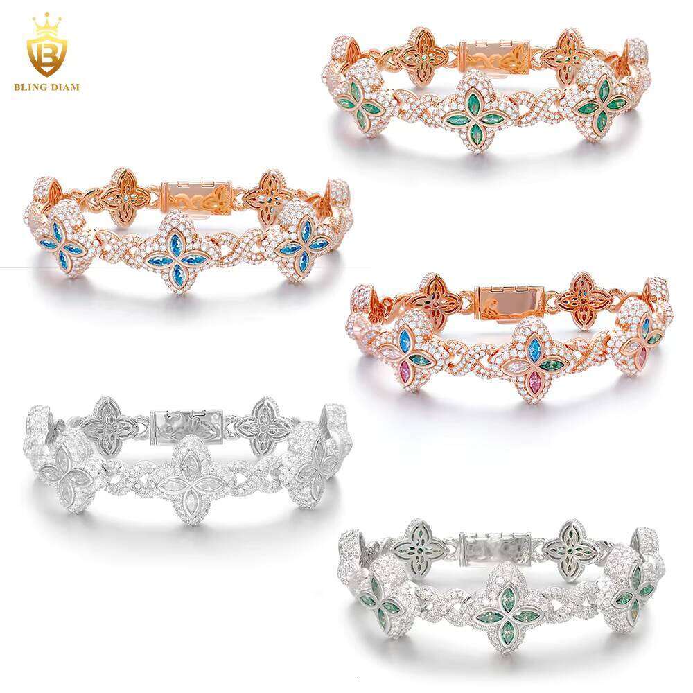 19mm Multiple Options Marquise Cut Flower New Design Colorful Sliver Moissanite Clover Iced Out Bracelet