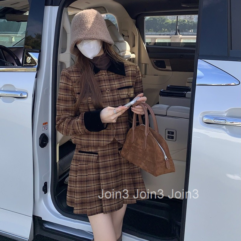 Winter New Melad Plaid Quilted Long Sleeve Jacket Top and Half Skirt Two-Piece Woolen Set