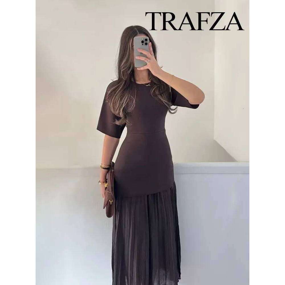 Women Elegant Half Sleeves O-Collar Pleated Spring Woman Rear Zipper Splicing Vintage Casual Knitted Long Dress