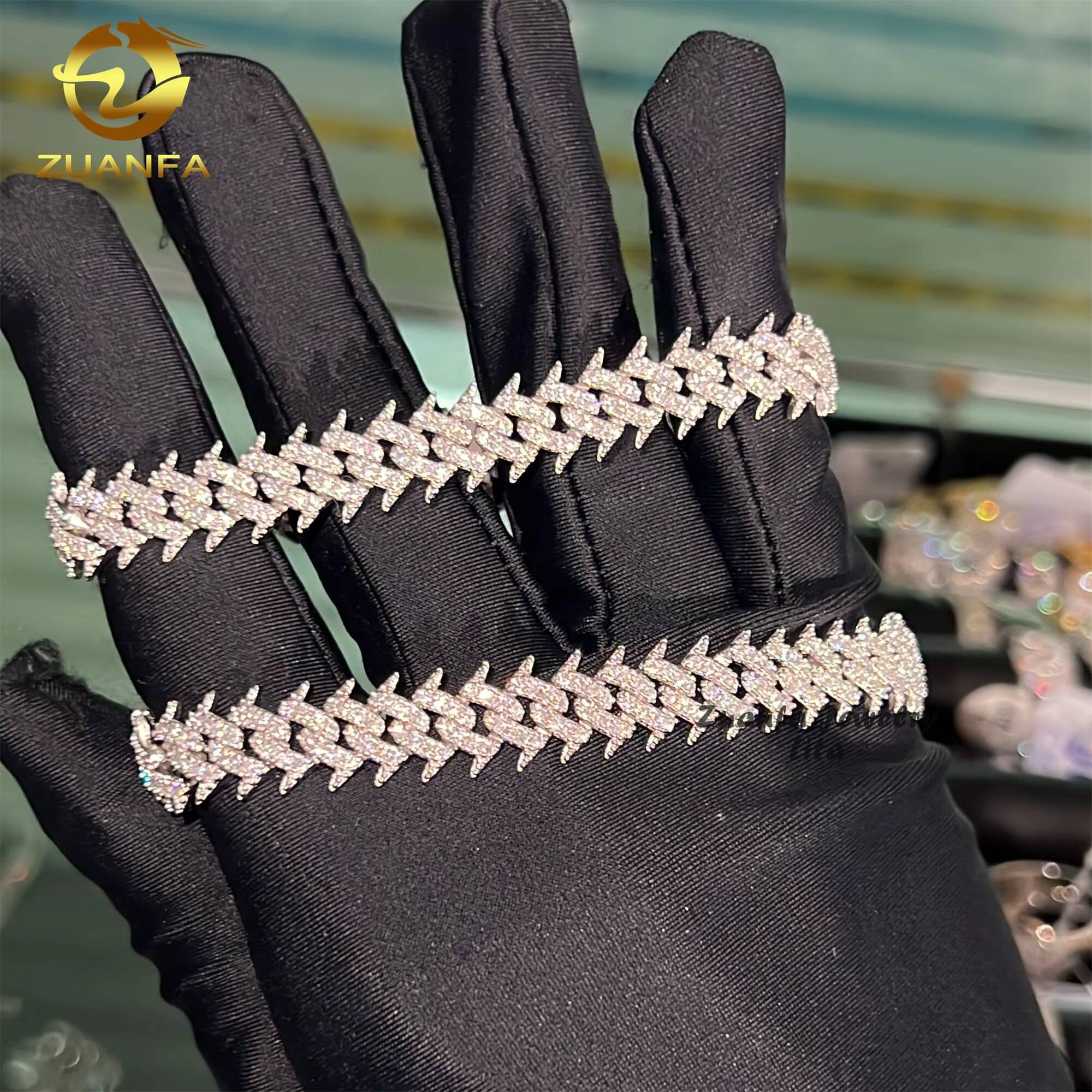 Zuanfa Jewelry Hip Hop 10mm Iced Out Diamond 925 Sterling Silver Moissanite Spike Cuban Link Bracelet