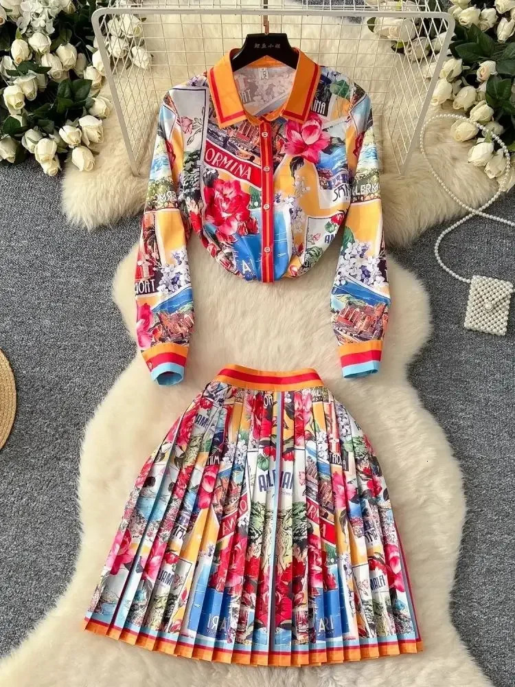 2025 Spring Summer Womens Long Sleeve Lapel Gorgeous Flower Print Shirt Top High Waist Zipper Pleated Mini Skirts 2 Piece Set 250728