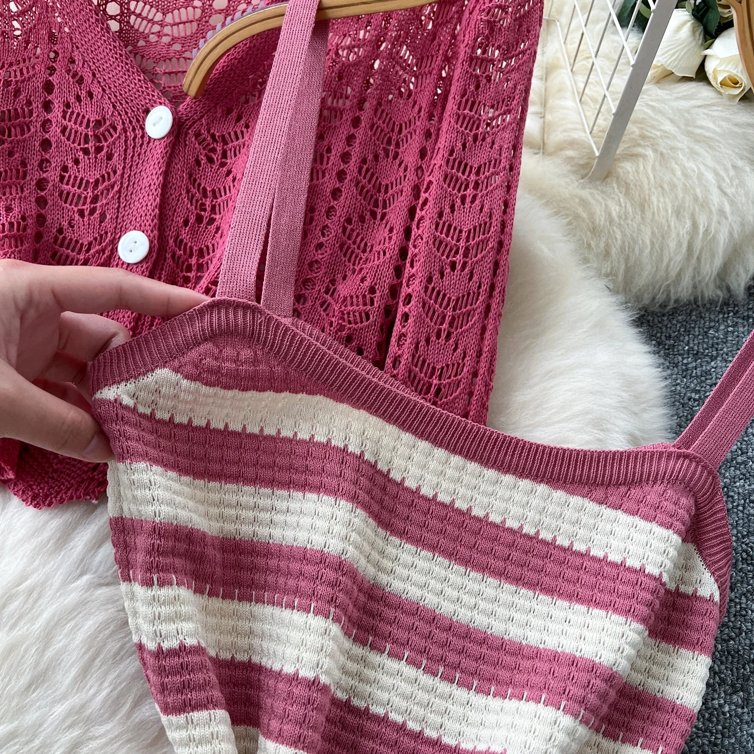 Solid Twopiece Set Hook Flower Hollow Striped Sweet Dress Women Fashion Summer Skirt Clothing 250729