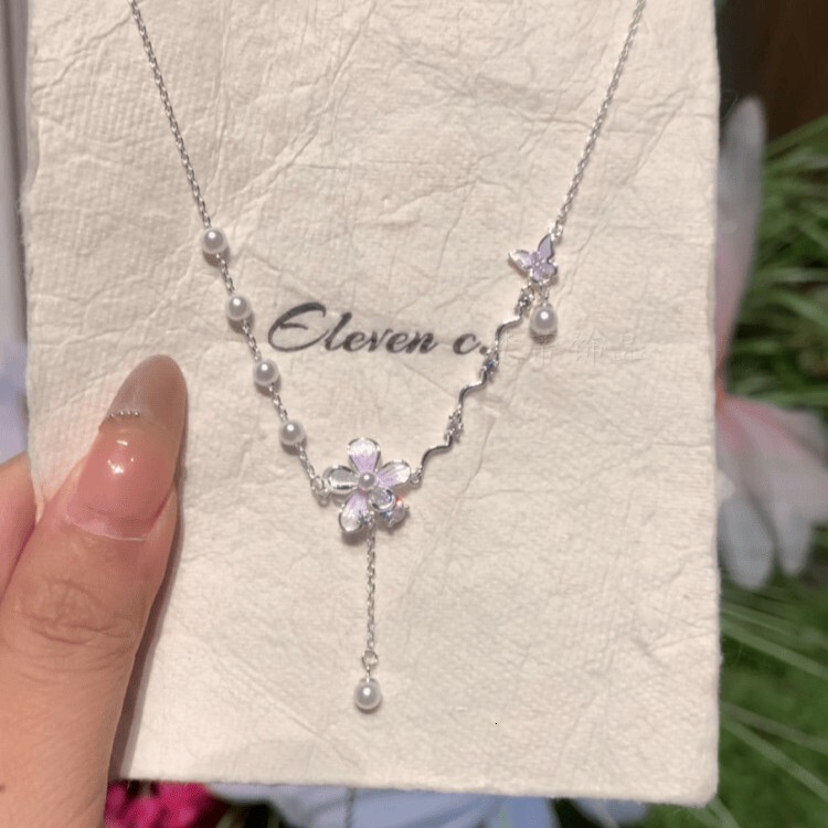 Ahhh Spring Summer Fresh Purple Flower Pearl Tassel Necklace Niche High-end Elegant Collarbone Chain for Women Jewelry for Women