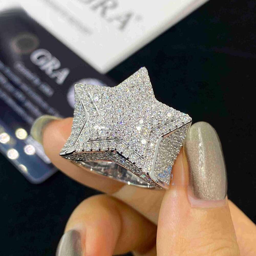 Customized Moissanite Fine Jewelry High Quality Sterling Sier Five Point Star Pave Dia Hip Hop Ring for Men