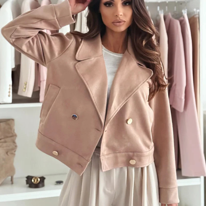 Autumn Winter Casual Loose Short Coats Womens Fashion Lapel Collar Solid Color Jacket Elegant Button Long Sleeve Outerwear 250729